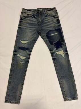 Crysp Denim Patchwork Distressed Skinny Jeans Blue Denim Men's Size 36